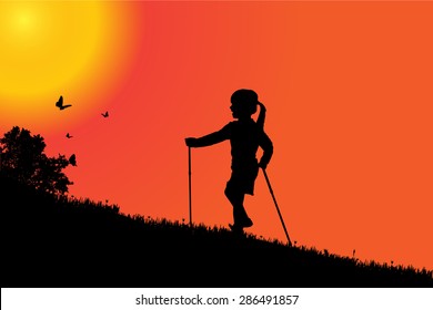 Vector silhouette of a girl at sunset.