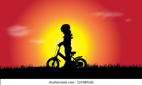 Vector silhouette of a girl at sunset.
