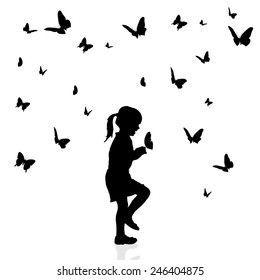 Vector silhouette of a girl surrounded by butterflies on a white background.