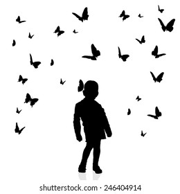 Vector silhouette of a girl surrounded by butterflies on a white background.
