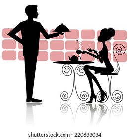 vector silhouette of a girl at a table in a cafe and waiter