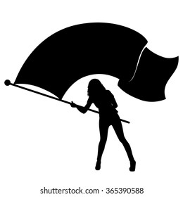 Vector Silhouette Of A Girl Waving A Large Flag.