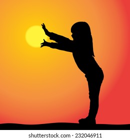 Vector silhouette of a girl who is in the countryside at sunset.