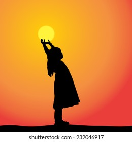 Vector silhouette of a girl who is in the countryside at sunset.