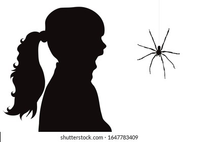 Vector silhouette of girl who fear spider on white background. Symbol of danger insect who people scary.