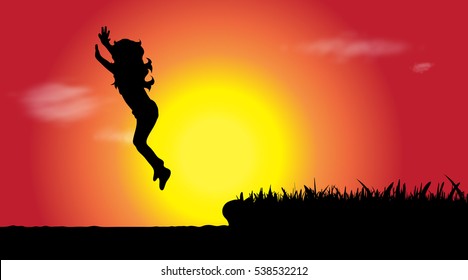 Vector silhouette of girl who jumps to water at sunset.