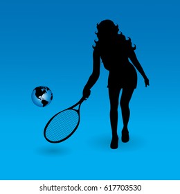 Vector silhouette of girl who play tennis with globe.