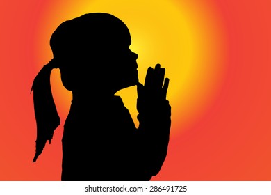 Vector silhouette of girl who pray at sunset.