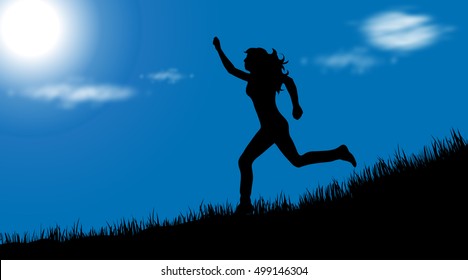 Vector silhouette of girl who run at sunny day.