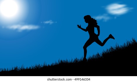 Vector silhouette of girl who run at sunny day.