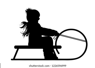 Vector silhouette of girl who sledding on snow toboggan.