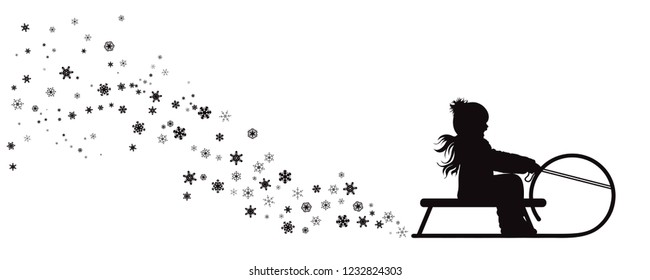 Vector silhouette of girl who sledding on snow toboggan.