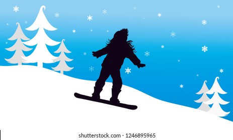 Vector silhouette of girl who snowboarding in the mountains in winter.