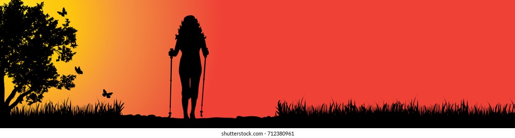 Vector silhouette of girl who walk in nature at sunset.