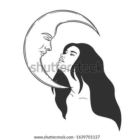 Vector silhouette of girl witch with long hair with stars and moon face
