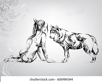 Vector silhouette of a girl with a wolf