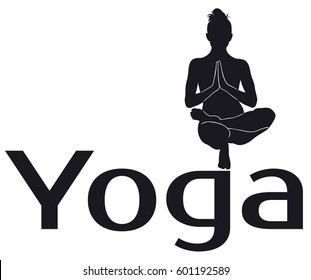 Vector silhouette of girl in yoga pose and lettering. Background or logo design for yoga studio. 