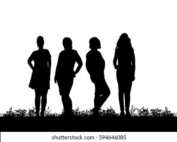 Vector, silhouette of the girls beautifully stand on the grass