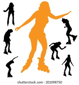 Vector silhouette girls on roller skates on a white background.