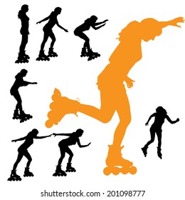 Vector silhouette girls on roller skates on a white background.