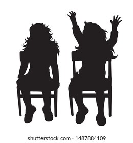 Vector silhouette of girls sitting on the chair on white background. Symbol of child, girl,siblings,sister,school.