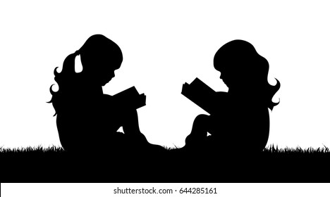 Vector silhouette of girls who read book on white background.