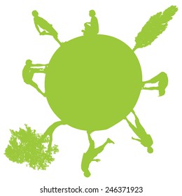 Vector silhouette of globe with people and trees.