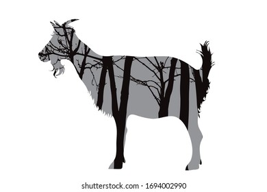 Vector silhouette of goat with trees on background. Symbol of forest.