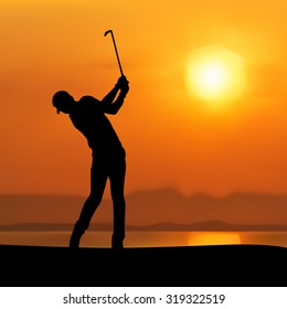 Vector of Silhouette golfer against sunset
