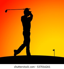 Vector of Silhouette golfer against sunset