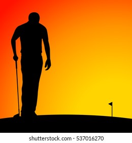 Vector of Silhouette golfer against sunset