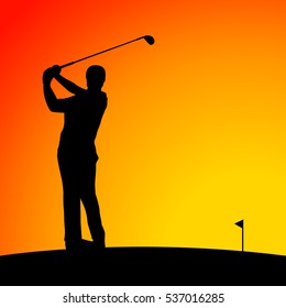 Vector of Silhouette golfer against sunset