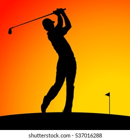 Vector of Silhouette golfer against sunset