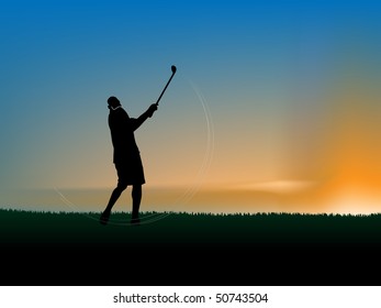 vector silhouette of a golfer doing perfect swing in the sunset