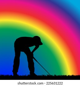 Vector silhouette of golfer with a rainbow.
