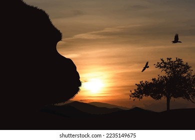 Vector silhouette of gorilla on sunset background. Symbol of jungle.