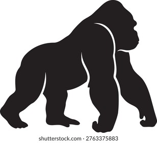 Vector silhouette of a gorilla standing strong, showcasing powerful muscular form, wildlife presence, jungle environment themes, and bold animal illustration suitable for nature graphics.