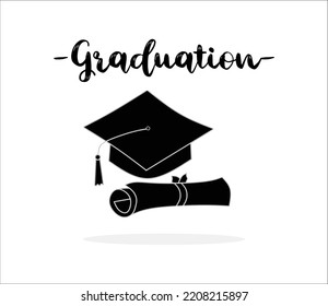 Vector Silhouette of Graduation Hat and Diploma Isolated on a White Background 