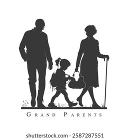 A vector silhouette of Grand parents, Old man and old woman walking with their grand child, A little girl playing with grand father and mother