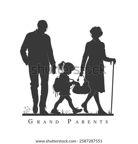 A vector silhouette of Grand parents, Old man and old woman walking with their grand child, A little girl playing with grand father and mother