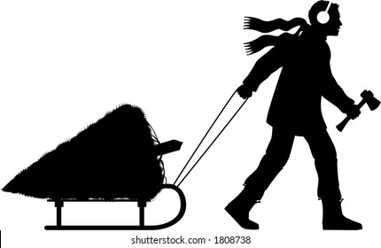 vector silhouette graphic depicting an adult pulling a Christmas tree on a sled (concept: Christmas holiday season)