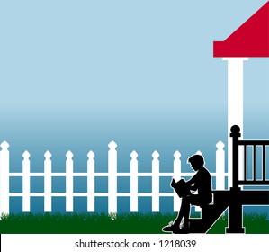vector silhouette graphic depicting a boy reading a book on his front porch steps