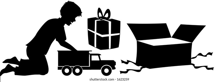 vector silhouette graphic depicting a boy opening a Christmas gift