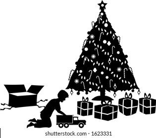 vector silhouette graphic depicting a boy opening a Christmas gift