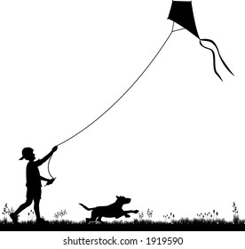 vector silhouette graphic depicting a boy flying a kite (concept: play or carefree)