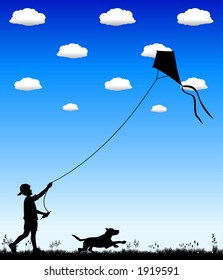 vector silhouette graphic depicting a boy flying a kite (concept: play or carefree)