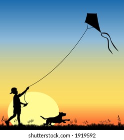 vector silhouette graphic depicting a boy flying a kite (concept: play or carefree)