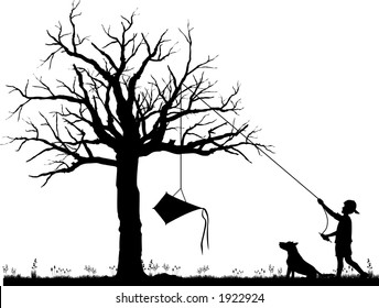 vector silhouette graphic depicting a boy with his kite caught in a tree