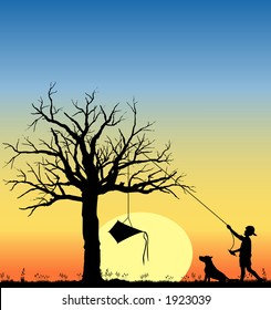 vector silhouette graphic depicting a boy with his kite caught in a tree