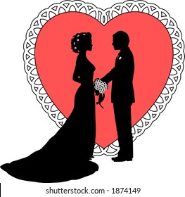 vector silhouette graphic depicting a bride and groom with heart background